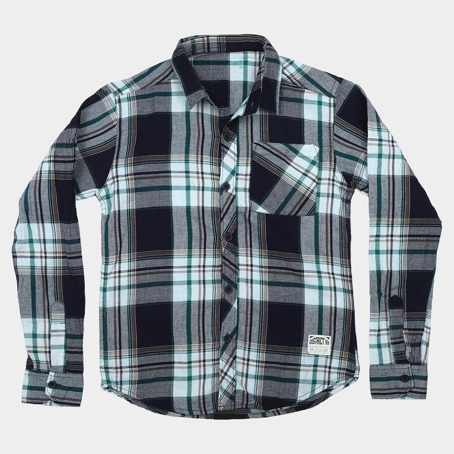 Boys' Green Cotton Spread Collar Regular Fit Casual Shirt, Dark Green, large