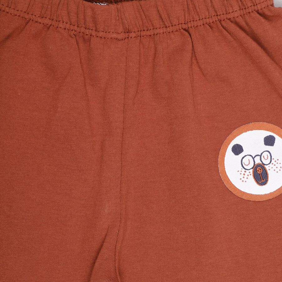 Infants' Brown Round Neck Cartoon Printed Baba Suit, भूरा, large image number null