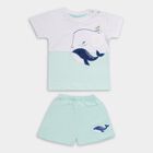 Infant Boys' Aqua Cotton Round Neck Whale Embroidered Baba Suit, Aqua, small image number null