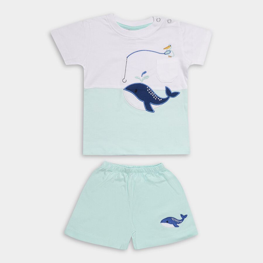 Infant Boys' Aqua Cotton Round Neck Whale Embroidered Baba Suit, Aqua, large image number null
