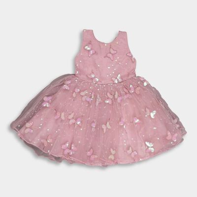 Girls' Pink Round Neck Romantic Frock