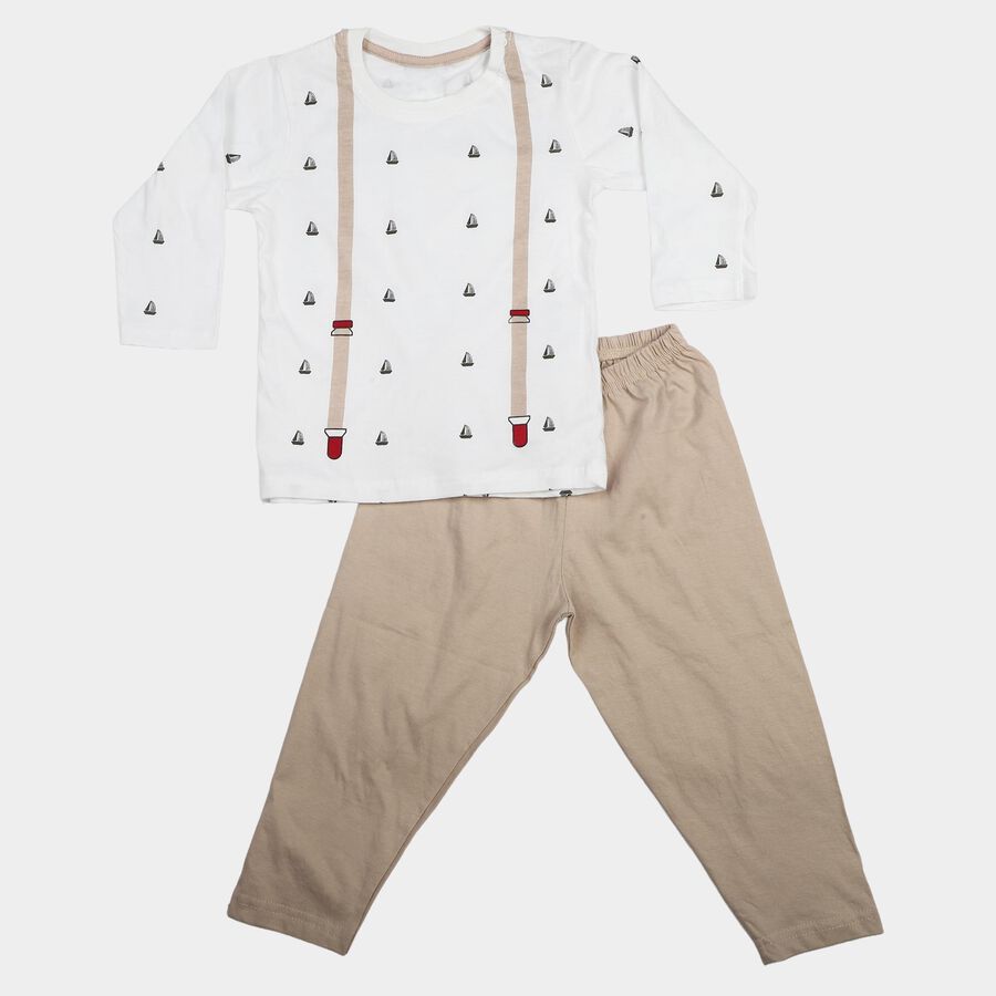 Infants' Beige Round Neck Printed Baba Suit, Beige, large