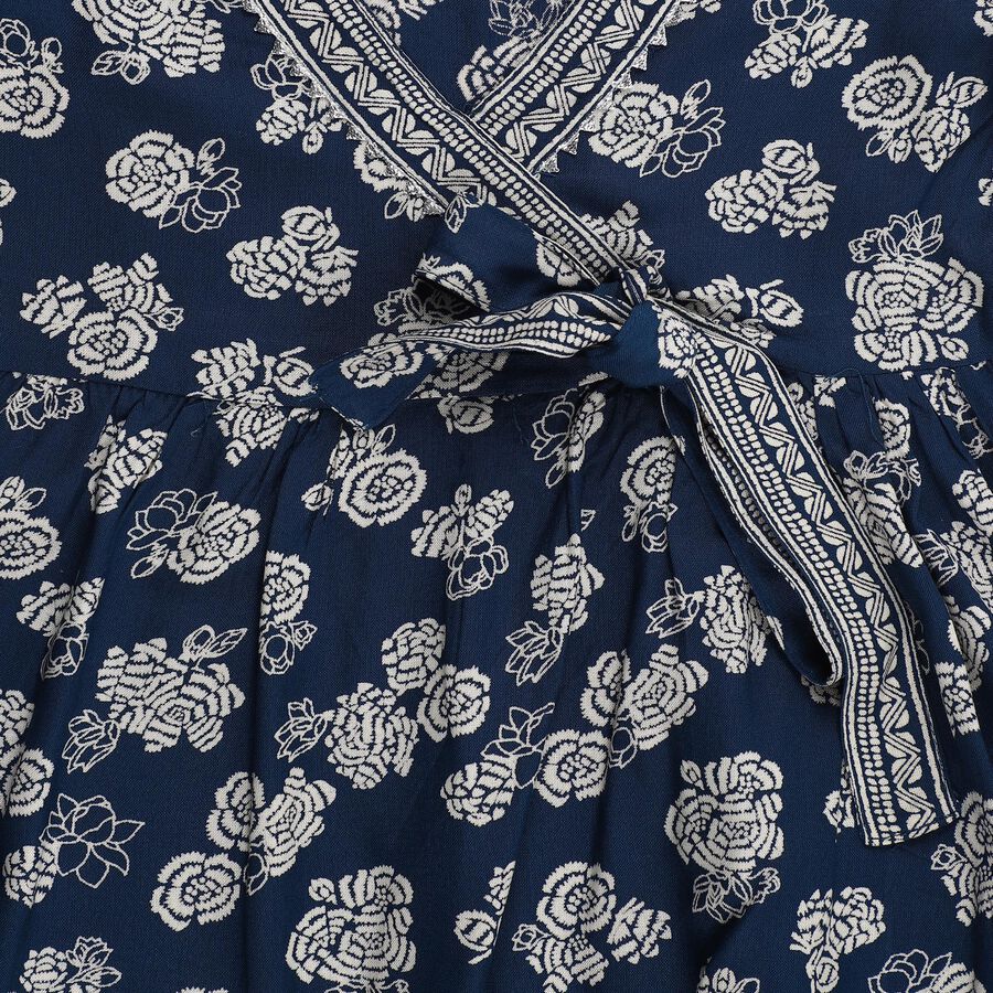 Girls' Deep Navy Blue Wrap-Style Floral Printed Kurta and Palazzo Fusion Set, Navy Blue, large