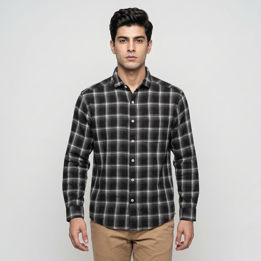 Men's Black Cotton Checked Casual Shirt, Black, large