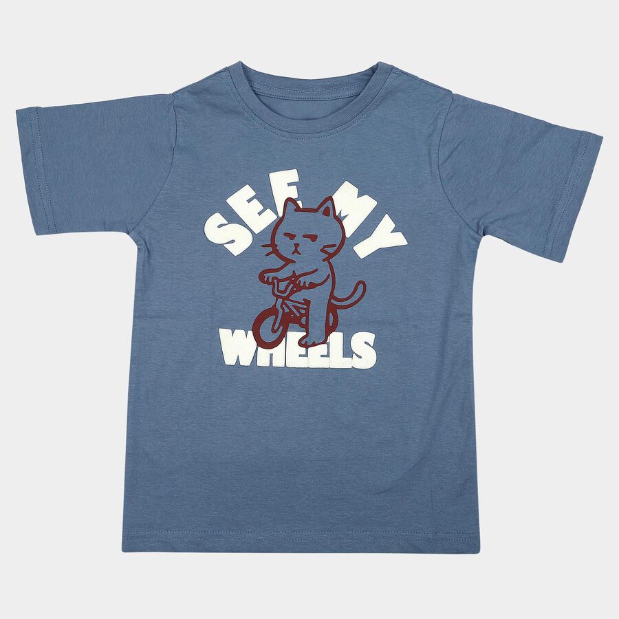 Boys Blue Cotton Round Neck Regular Boys T-Shirt, मध्यम नीला, large