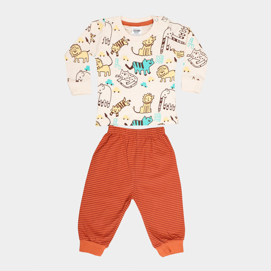 Infants Cotton Printed Baba Suit, Brown, large image number null