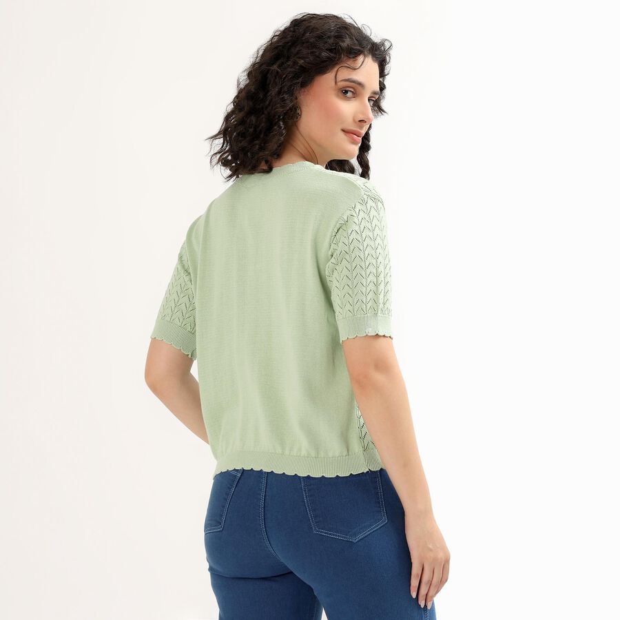 Women's Light Sage Green Scalloped Neck Casual Top, हल्का हरा, large