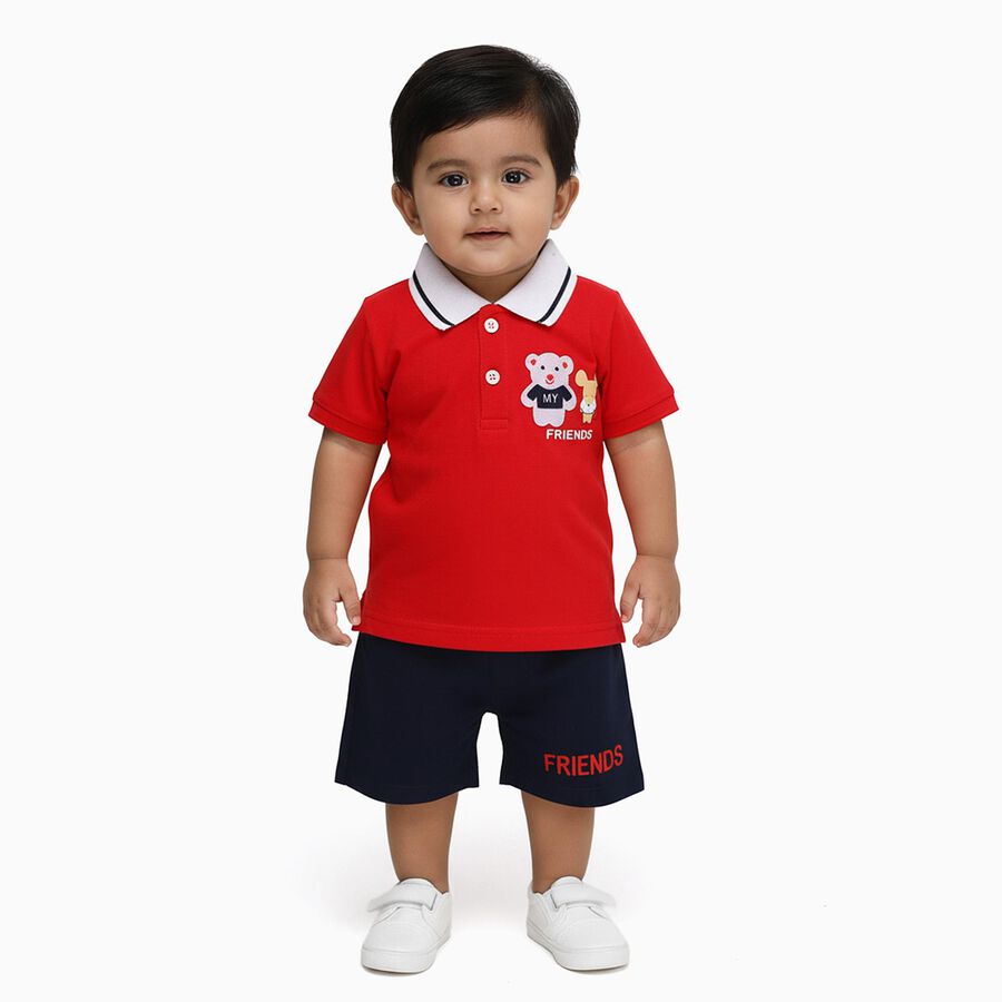 Infants' Red Cotton Polo Neck Cartoon Applique Baba Suit, Red, large image number null