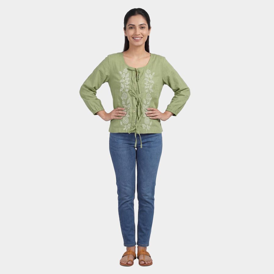 Women's Green Cotton Notch Neck Floral Printed Kurti, Light Green, large