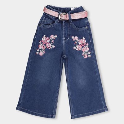 Girls' Stonewashed Blue Flared Fit Embroidered Jeans