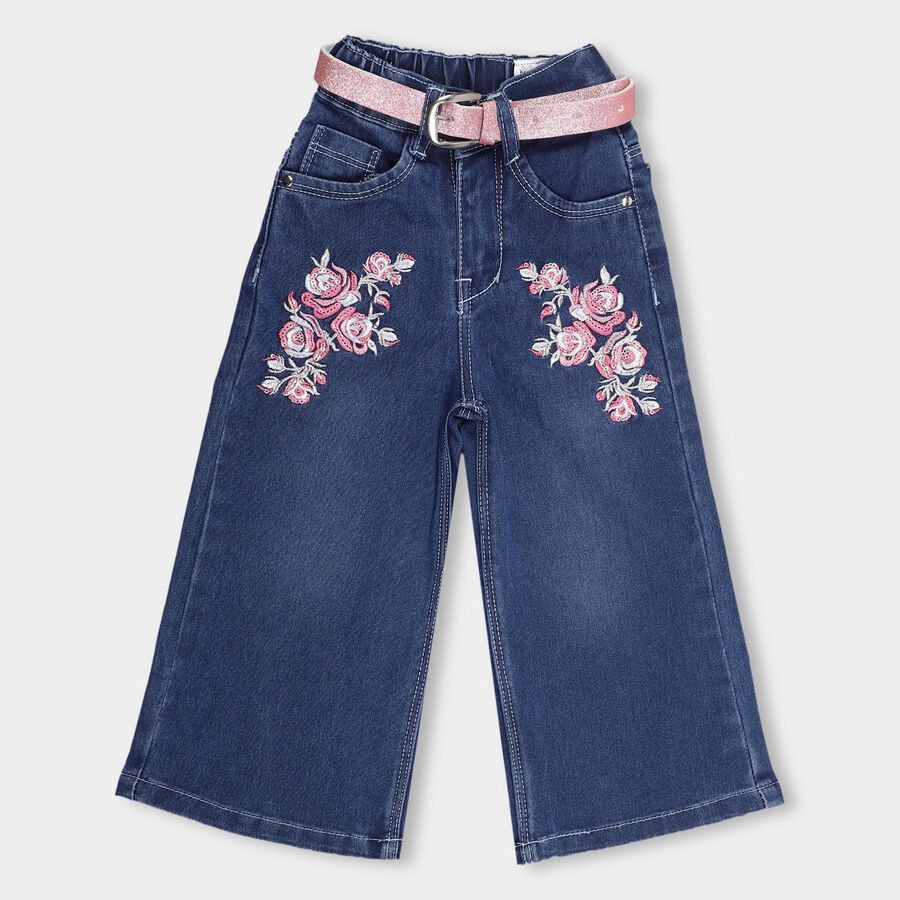 Girls' Stonewashed Blue Flared Fit Embroidered Jeans, Mid Blue, large image number null