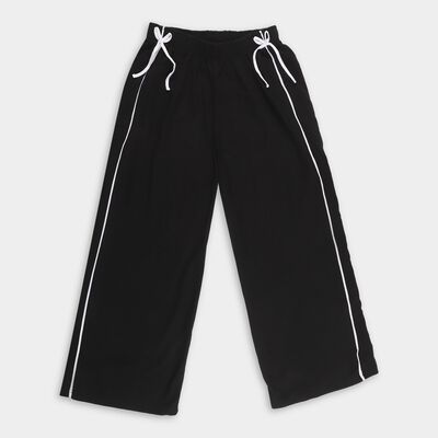 Girls' Jet Black Cotton Blend Contrast Piping Lounge Pyjama