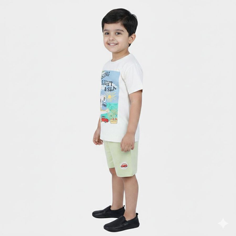 Boys White 100% Cotton Crew Neck Graphic Print Baba Suit, ऑफ व्हाइट, large