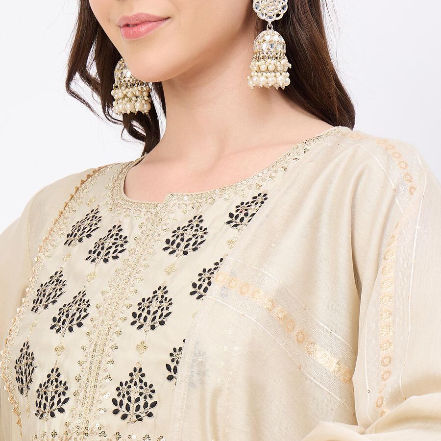 Women's Soft Creamy Beige Embroidered Ethnic Set, Beige, large