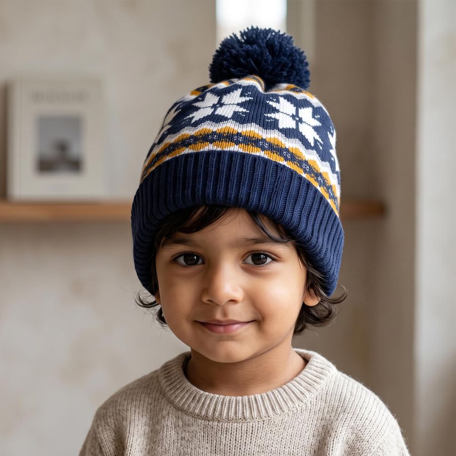 Boys Junior Navy Blue Snowflake Knit Beanie Cap, Navy Blue, large