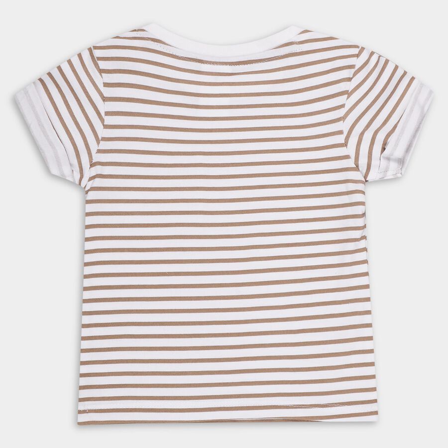 Infants' Beige Cotton Round Neck Striped Baba Suit, Beige, large