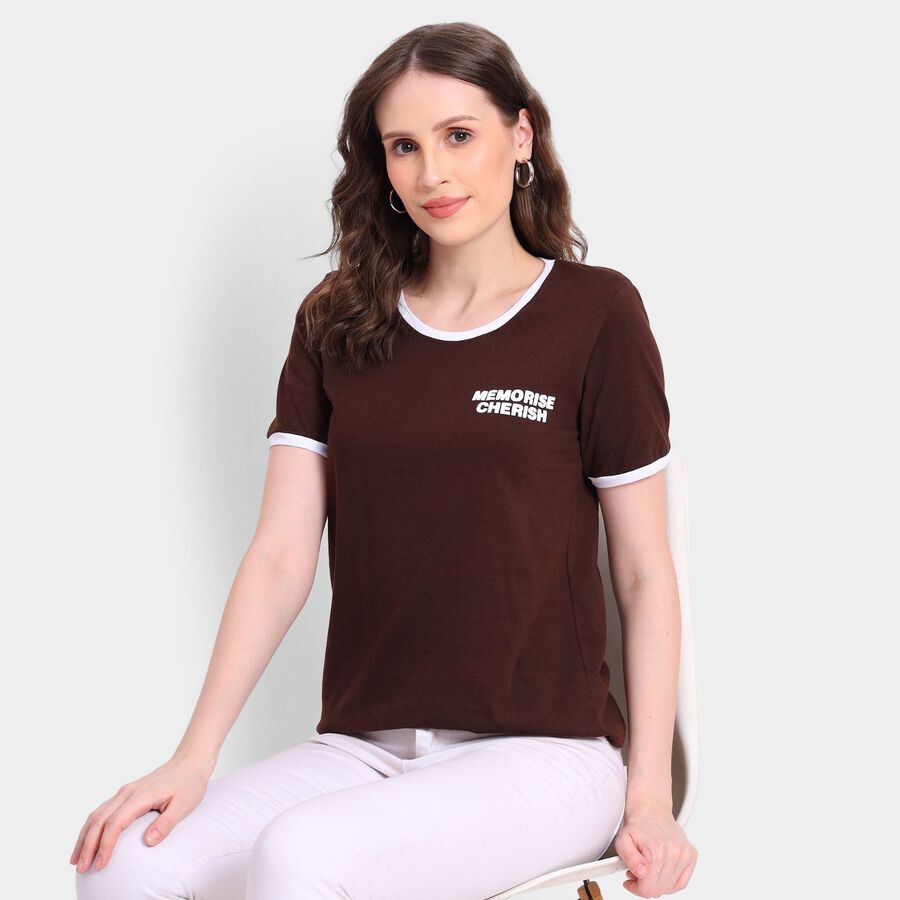 Ladies' Cotton Round Neck T-Shirt, भूरा, large image number null