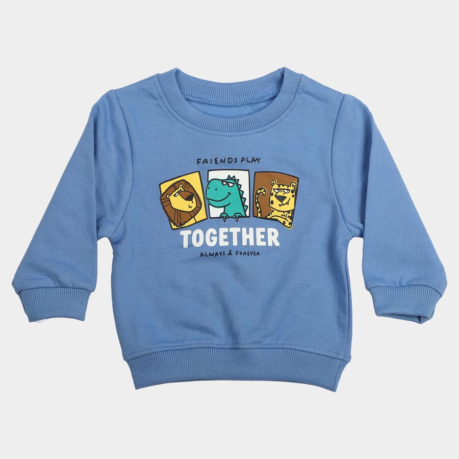 Infants Blue Crew Neck Graphic Print Sweatshirt, Mid Blue, large