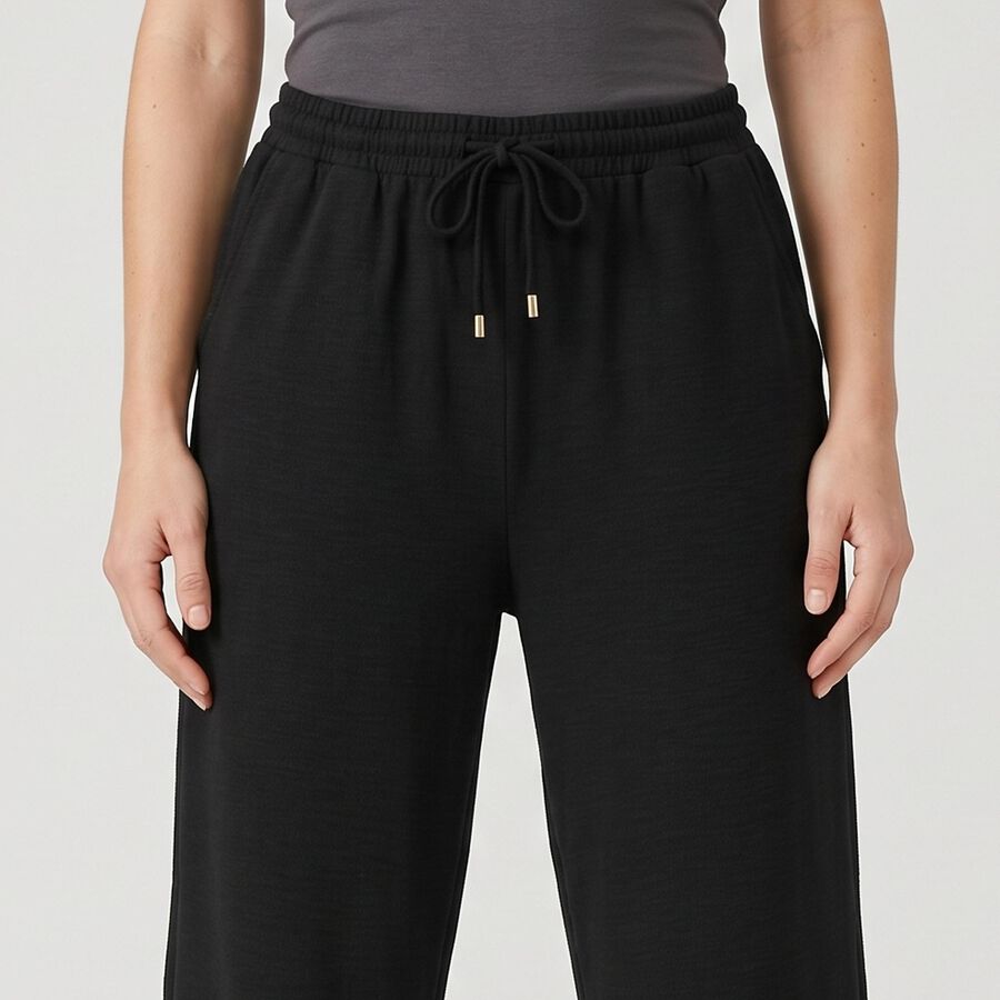 Women's Black Wide Leg Drawstring Track Pants, Black, large