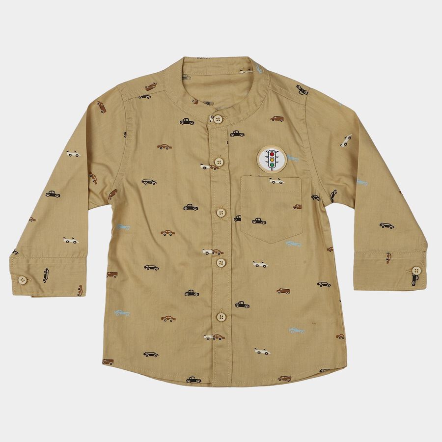 Infants Beige Cotton Long Sleeve Mandarin Collar Shirt, Beige, large
