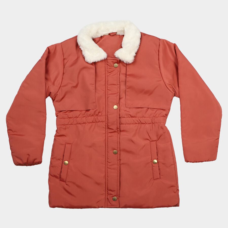 Girls' Pink Fur Collar Puffer Jacket, Pink, large