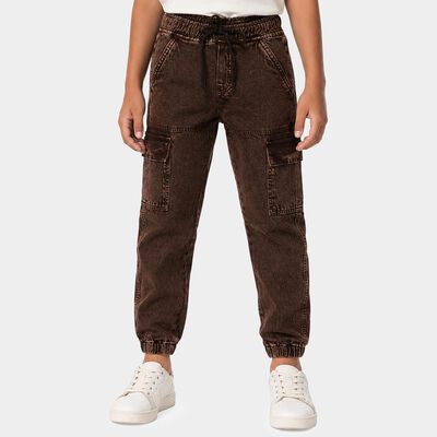 Boys Brown Jogger Fit Washed Cargo Jeans