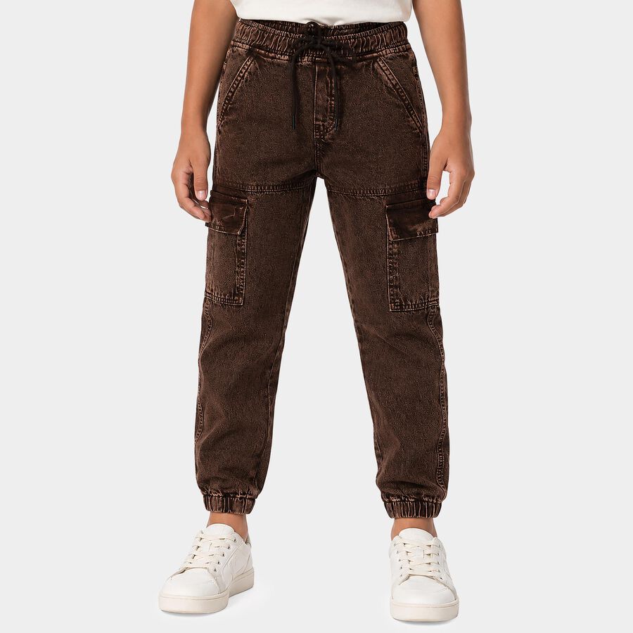 Boys Brown Jogger Fit Washed Cargo Jeans, Brown, large