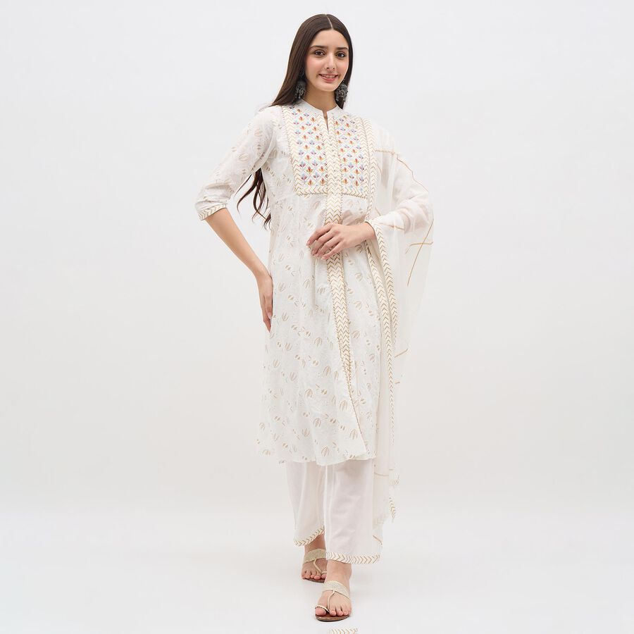 Women's White Cotton Notch Neck Embroidered Kurta, Off White, large image number null