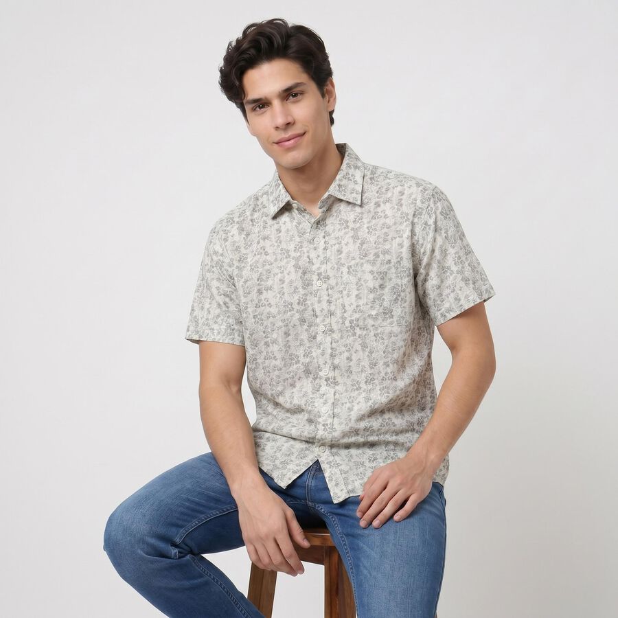 Men's Charcoal Cotton Floral Regular Fit Casual Shirt, चारकोल, large