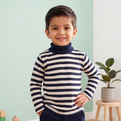 Boys' Navy Blue High Neck Striped Pullover