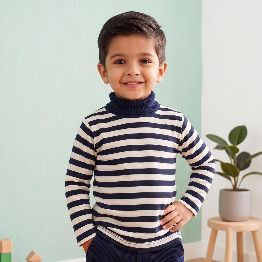 Boys' Navy Blue High Neck Striped Pullover, Navy Blue, large
