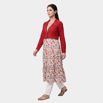 Women's Wine Cotton Lapel Collar Floral Printed A-Line Kurta