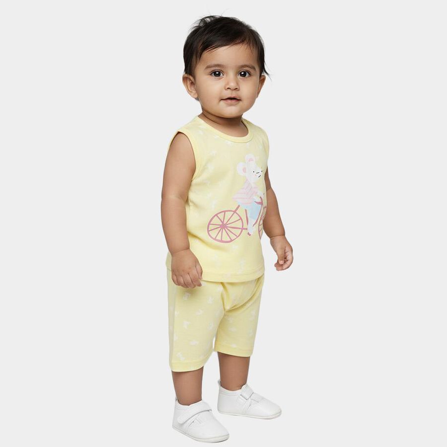 Infants Yellow Cotton Sleeveless Casual Shorts Set, Yellow, large