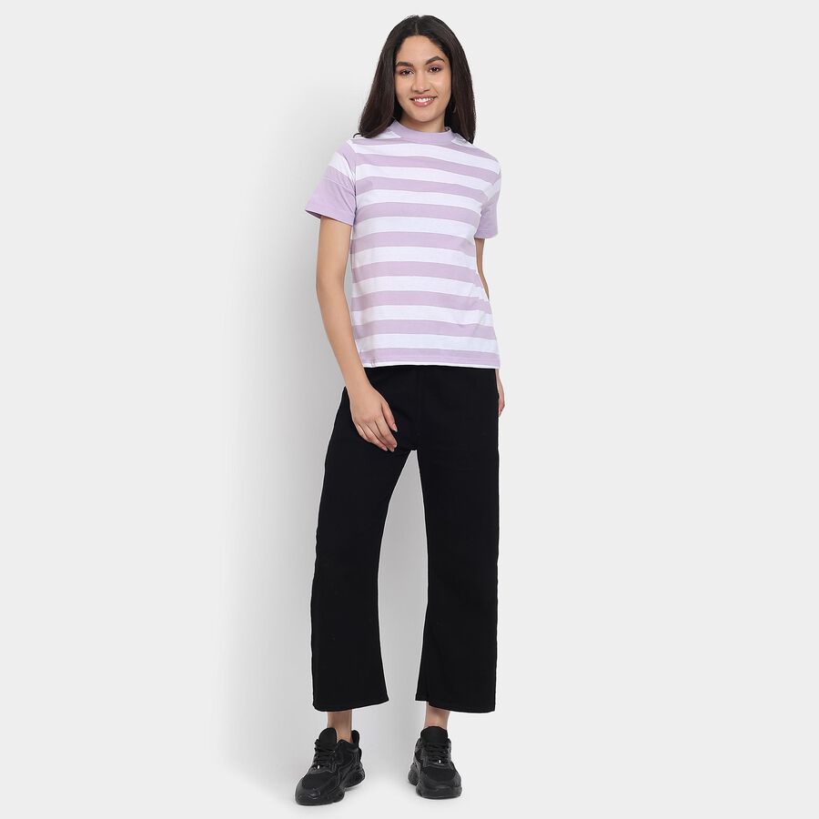 Ladies'  Stripes Round Neck T-Shirt, Lilac, large image number null