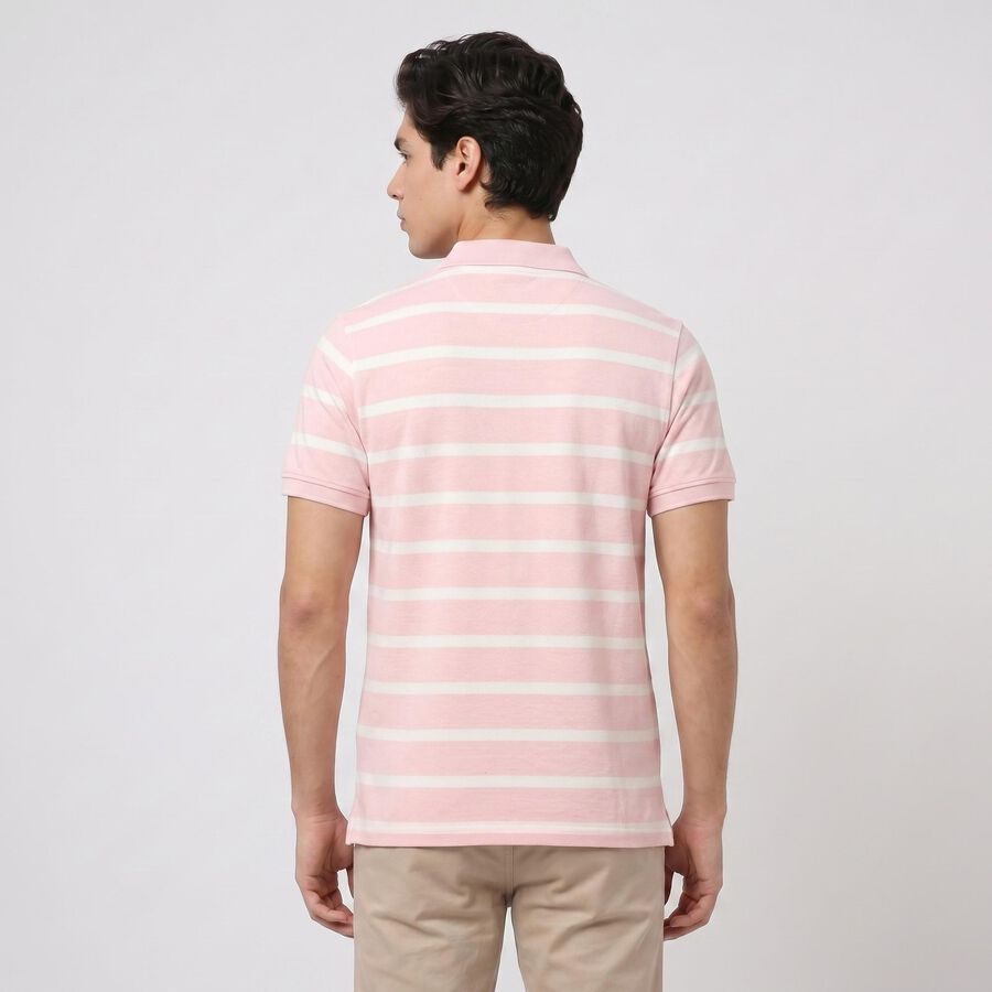 Men's Pink Polo Neck Striped Polo T-Shirt, Pink, large