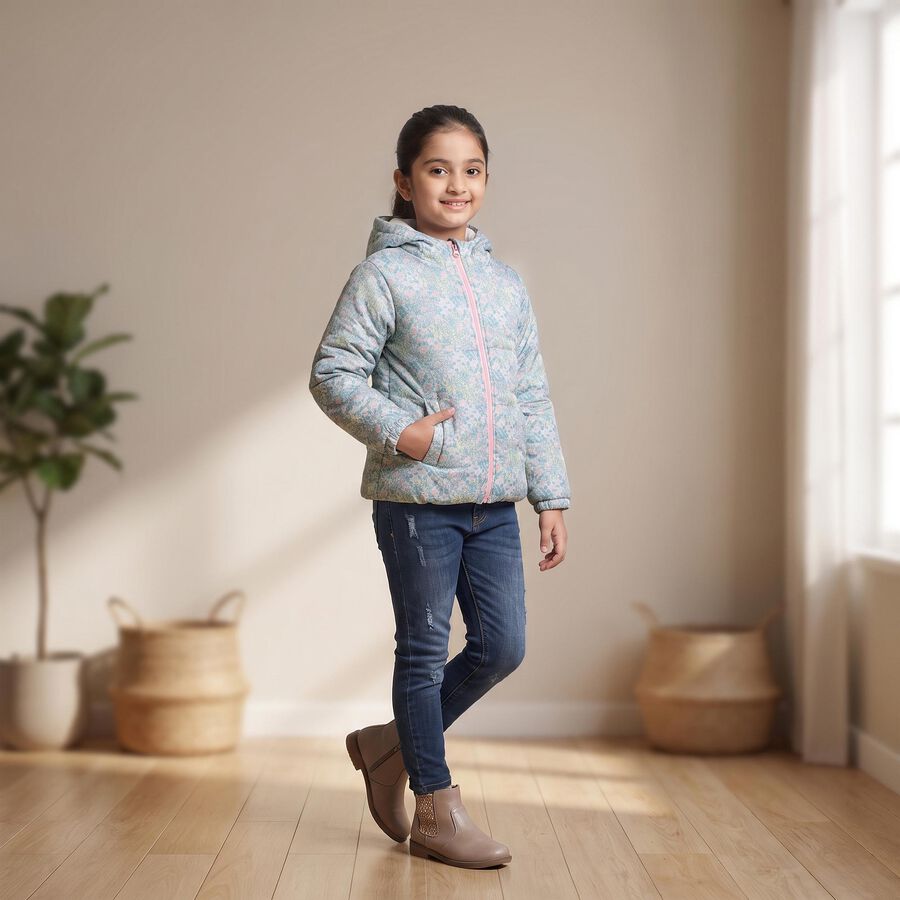 Girls' Light Blue Hooded Puffer Jacket, Light Blue, large