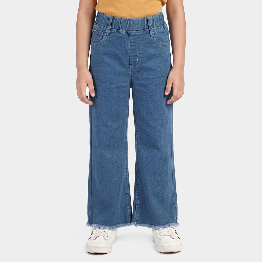 Girls Blue Wide Leg Frayed Hem Jeans, मध्यम नीला, large