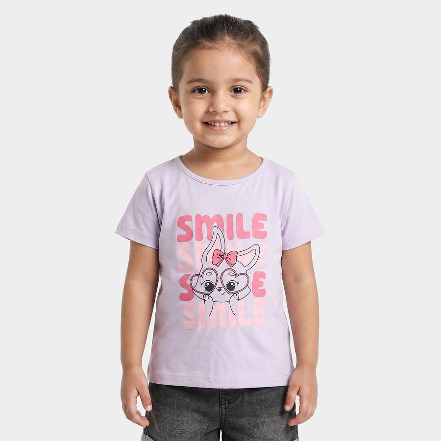 Girls' Lilac Cotton Blend Round Neck Regular T-Shirt, Lilac, large