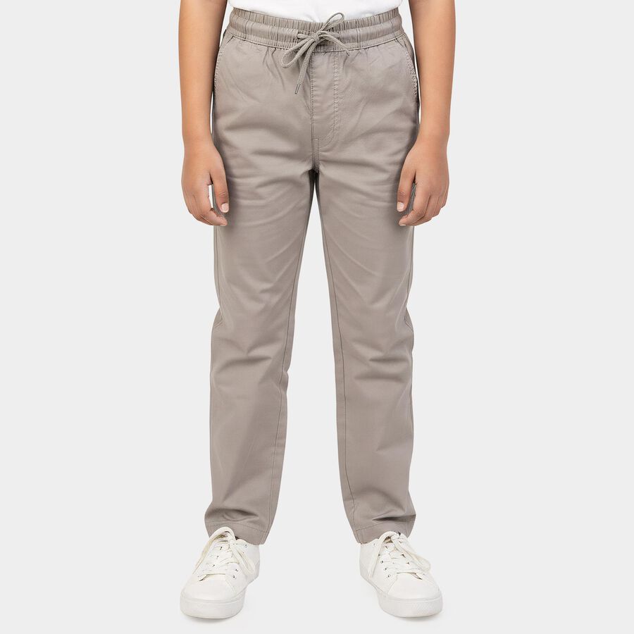 Boys Grey Straight Fit Drawstring Waist Trousers, हल्का ग्रे, large