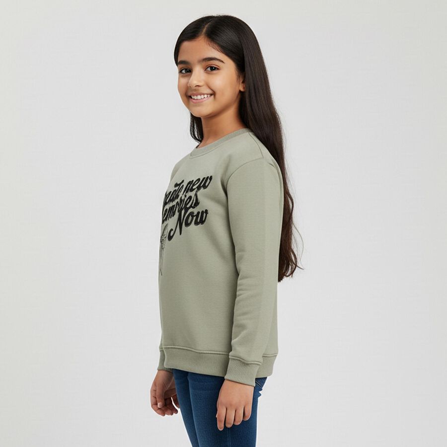 Girls Muted Sage Green Crew Neck Casual Sweatshirt, हल्का हरा, large image number null
