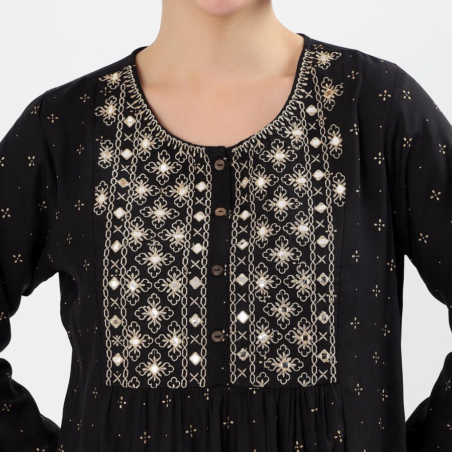Women's Black Round Neck Embroidered Kurti, काला, large