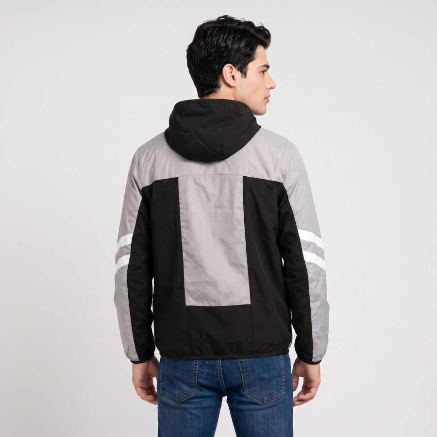 Men's Grey Hooded Windbreaker Jacket, हल्का ग्रे, large