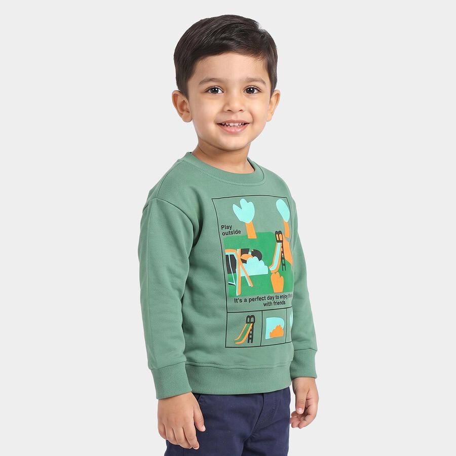 Boys' Green Crew Neck Pullover Sweatshirt, गहरा हरा, large