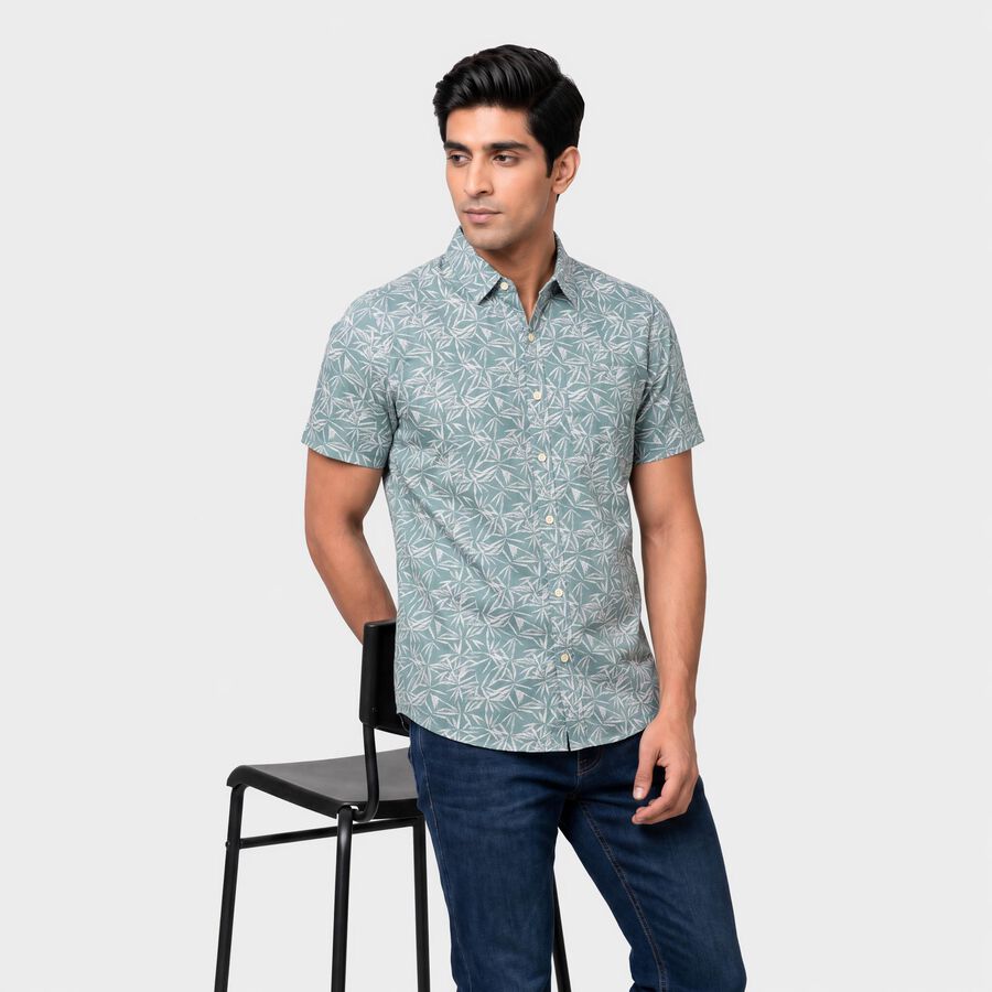 Men's Green Cotton Printed Collar Casual Shirt, Light Green, large