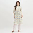 Women's White Mandarin Collar Floral Printed Kurti, Yellow, small