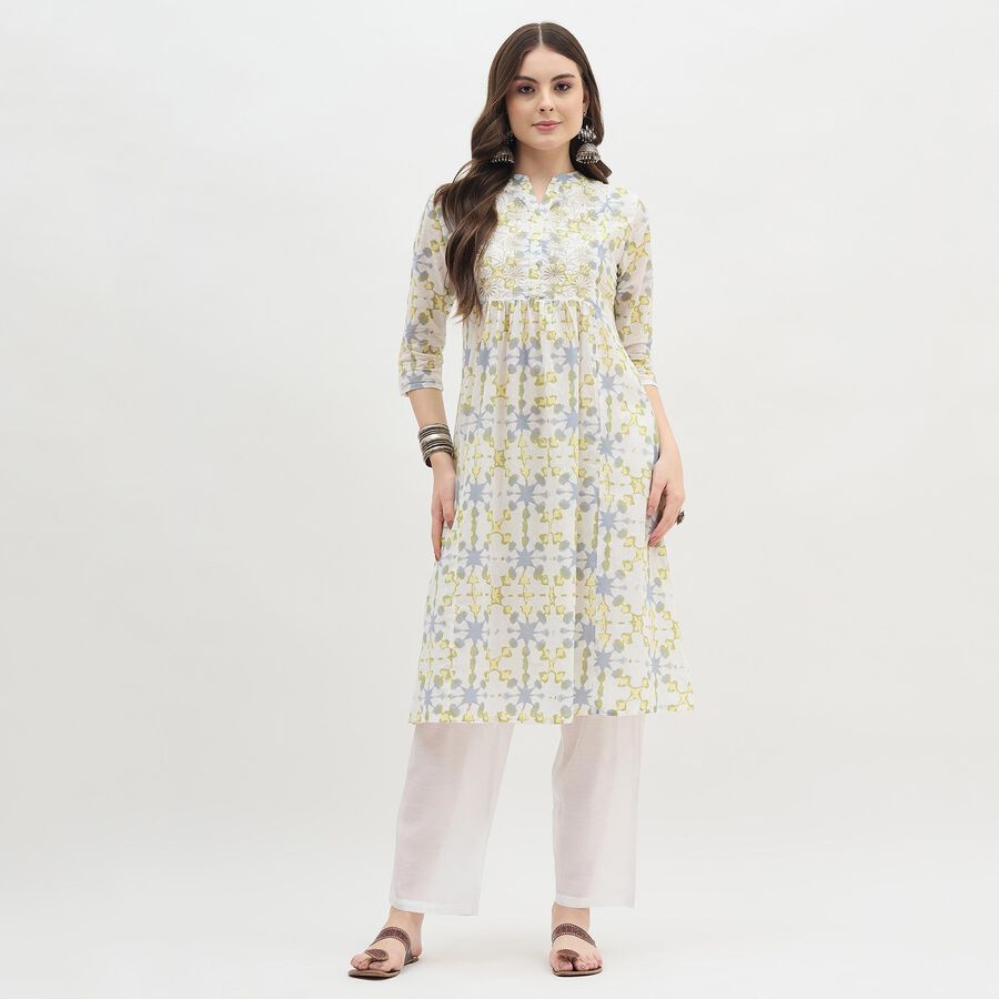 Women's White Mandarin Collar Floral Printed Kurti, Yellow, large