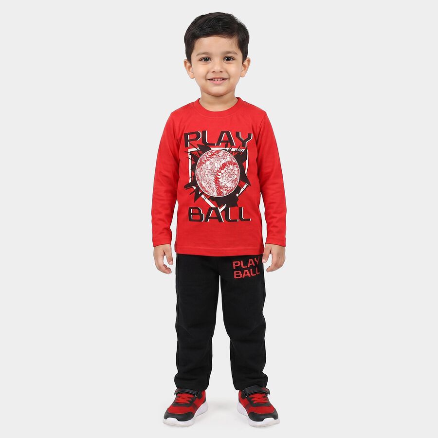 Boys Red Crew Neck Graphic Print Baba Suit, Red, large