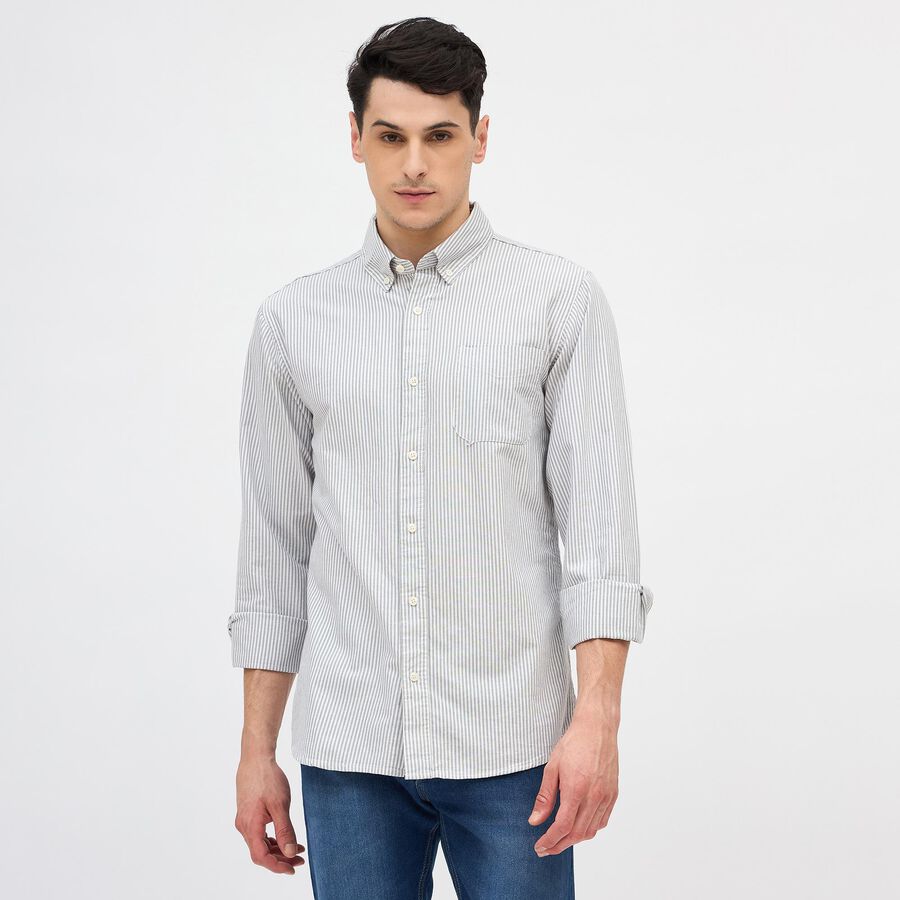 Men's Light Grey Cotton Button Down Slim Fit Casual Shirt, हल्का ग्रे, large image number null