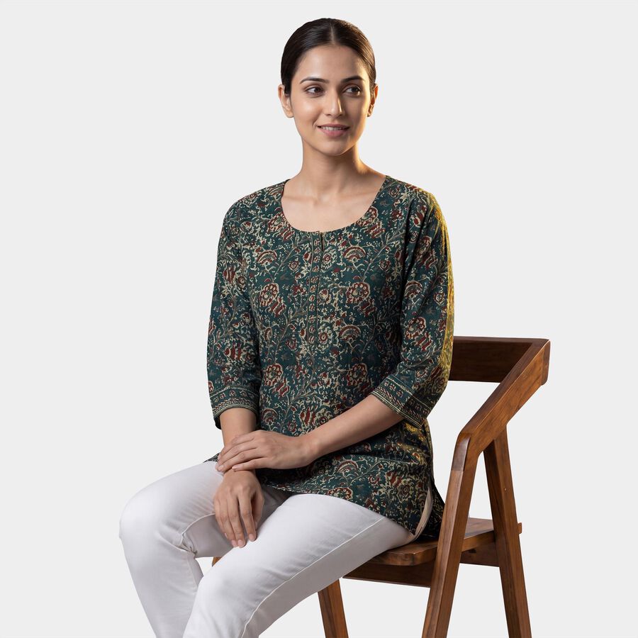 Women's Green Cotton Notch Neck Floral Printed Kurti, Dark Green, large
