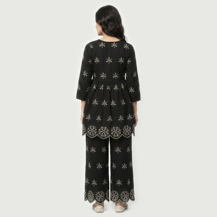 Women's Black Cotton Notch Neck Embroidered Kurta, काला, large
